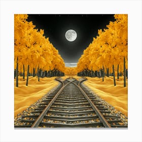 Golden Woods Tranquil Train Tracks Beneath A Full Moon Sky (1) Canvas Print