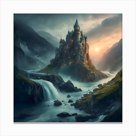Mystical castle on the hillside, raging river in the valley Canvas Print