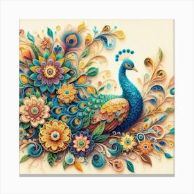 Peacock on flower branch 2 Canvas Print