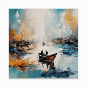 Art painting in beautiful colors, ink forming abstract landscape, boat, people, figures, horizontal angle by realfnx Canvas Print