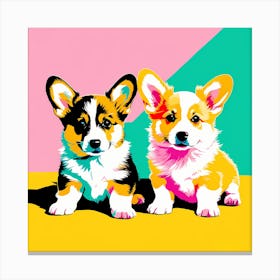 'Corgi Pups', This Contemporary art brings POP Art and Flat Vector Art Together, Colorful Art, Animal Art, Home Decor, Kids Room Decor, Puppy Bank - 70th Canvas Print