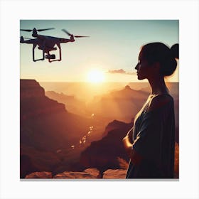 A Travel Vlogger’s Golden Hour: A Silhouette of a Woman Gazing at the Grand Canyon with Her Drone Camera Canvas Print