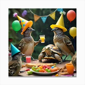 The Birds Looking Shocked And Surprised To See Tortoise At Their Party Canvas Print