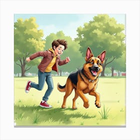 A Playful German Shepherd Running With A Teenager In The Park, Watercolor 1 Canvas Print