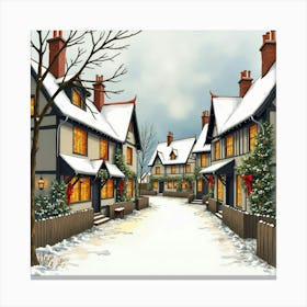 Watercolor Depiction Of An English Village Holiday Celebration With Decorations 1 Canvas Print