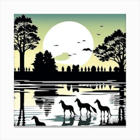 Silhouettes Of Animals By The Water Canvas Print