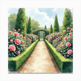 French Garden With Watercolor Blooming Roses And Elegant Pathways 1 Canvas Print