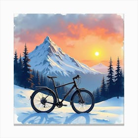 Sports Bike By A Snowy Peak With A Sunset Watercolor Painting 1 Canvas Print