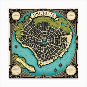 A Vintage Map, Of A Historic City With Ornate Borders And Labels art print 21 Canvas Print