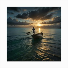 Man In Boat At Sunset Canvas Print