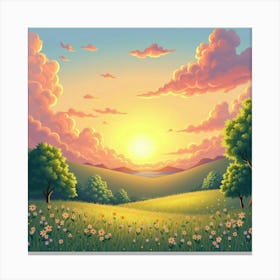 Dreamy Watercolor Sunset Over A Tranquil Meadow 1 Canvas Print