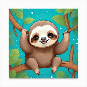 Cute Sloth In A Tree Illustration Canvas Print