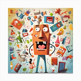 Cartoon Man In The Middle Of Chaos Canvas Print