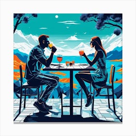 Couple Sitting At Table In The Mountains Canvas Print