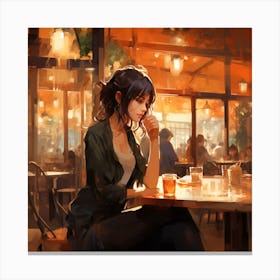 Girl Sitting At Table In Cafe Canvas Print