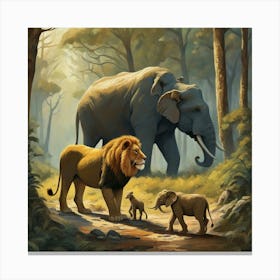 Lions And Elephants Canvas Print