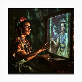 Digital Frida Series. Frida Kahlo at Her Computer at Night Canvas Print