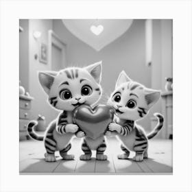 Black and White Kittens Holding A Heart 1 Canvas Print