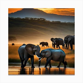 Elephants At Sunset 2 Canvas Print