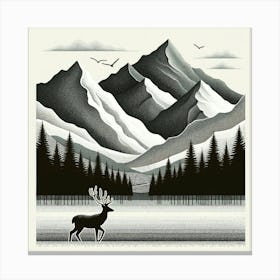 "Monochrome Wilderness"   Majestic mountains tower over a serene pine forest, with a solitary stag silhouetted against the wilderness. This piece uses a rich array of textures to bring the calmness and grandeur of the natural world to life, while birds in flight add a dynamic element to the composed landscape. It's a celebration of wildlife and untouched vistas, rendered in a timeless black and white style. Canvas Print