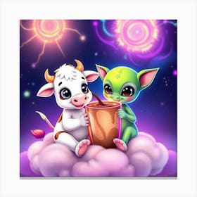 Alien And Baby Cow Drinking Choco Canvas Print