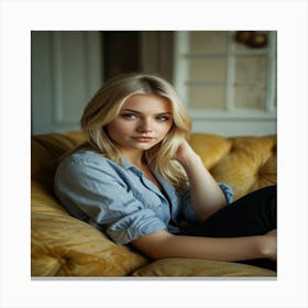 A Beautiful Blonde Girl Model On A Sofa 1 Canvas Print