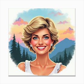 Princess Diana Smiling With Watercolor Mountains And A Sky Of Colorful Hues Canvas Print