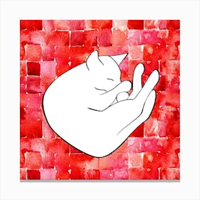 Cat Sleeping On Red Watercolor Abstract Squares Canvas Print