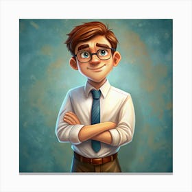 Cartoon Illustration Of A Young Man With Glasses And A Tie 1 Canvas Print