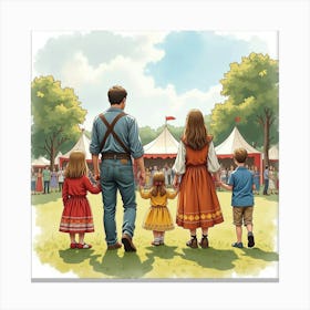 Watercolor View Of Romanian Families At English Cultural Festivals 1 Canvas Print