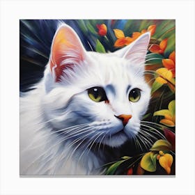 White Cat With Flowers Canvas Print