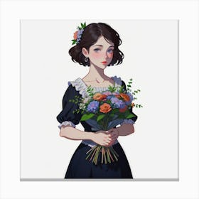 Girl Holding Bouqet Of Flowers Canvas Print