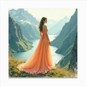 Graceful Dress Watercolor, In A Mystical Mountain Scene 1 Canvas Print