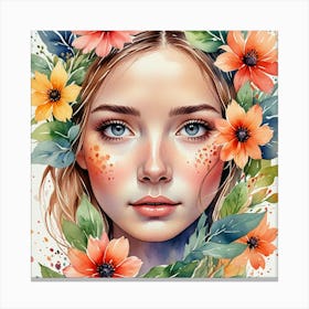 Watercolor Of A Girl With Flowers Canvas Print