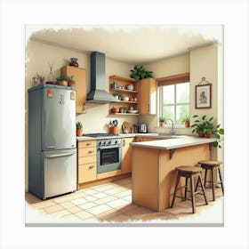 Beautifully Designed Kitchen In Watercolor, Warm And Cozy 1 Canvas Print