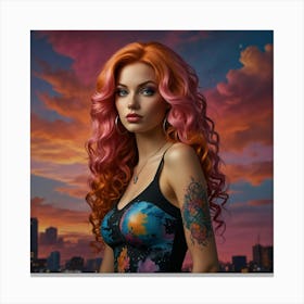 Beautiful Young Woman With Tattoos And Red Hair Canvas Print