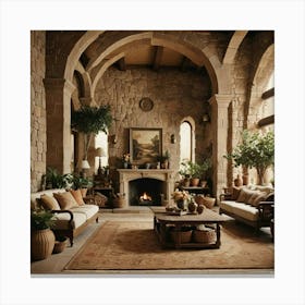 Living Room With Stone Fireplace Canvas Print