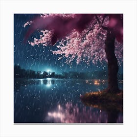 Lake at Midnight and Pink Cherry Blossom in the Rain Canvas Print