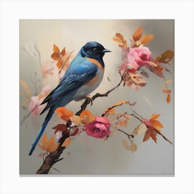 Blue Bird With Roses Canvas Print