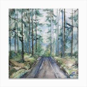 Watercolor Landscape Road In The Forest Square Canvas Print