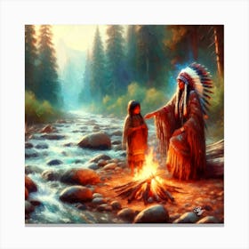 Oil Texture Native American Mother And Daughter By Stream Copy Canvas Print