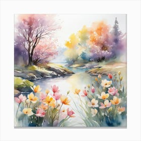 Watercolor Flowers By The River Canvas Print