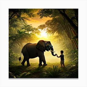 Elephant with a boy in the Jungle Canvas Print