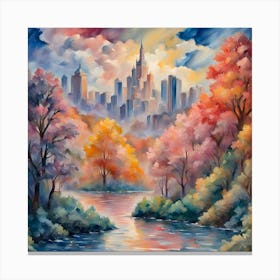 River Forest Trees City Water Lake Sky Clouds Colorful Canvas Print