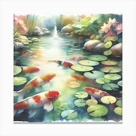 Serene Koi Fish Pond With Lily Pads, Watercolor Painting Canvas Print