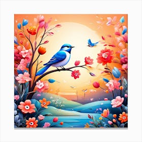 A Bright Toned Design With Flowers And Leaves Trees And Birds A Beautiful And Simple Picture Bird And Flowers Canvas Print