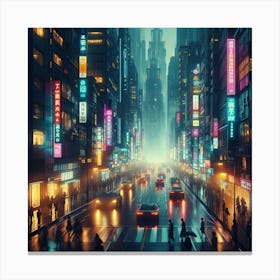 A Cyberpunk City Street with Neon Lights and People Crossing the Road in the Rain Canvas Print