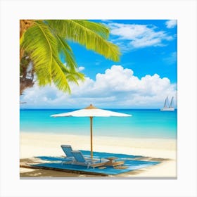 Beach With Umbrella And Palm Trees Canvas Print