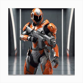A Futuristic Warrior Stands Tall, His Gleaming Suit And Orange Visor Commanding Attention 3 Canvas Print