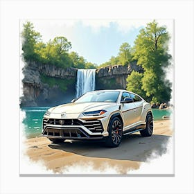 Watercolor Lamborghini Urus Near A Serene Waterfall 1 1 Canvas Print